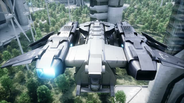 Sci fi ship in futuristic city. Aerial view. Realistic 4k animation.