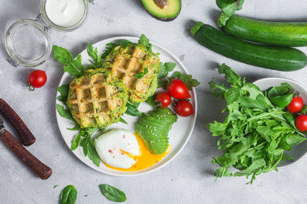 istock Zucchini waffles, poached egg, avocado and cherry tomatoes in a plate 1511338378