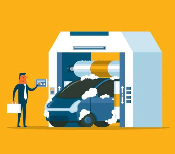 Vector illustration of Washing the car in an automatic washing machine