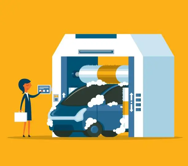 Vector illustration of Washing the car in an automatic washing machine - Businesswoman