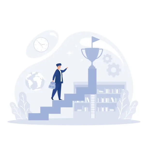Vector illustration of a businessman going up the stairs with a hand holding a trophy, flat vector modern illustration