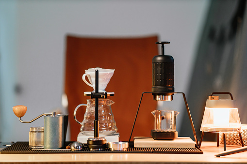 Drip coffee tools in counter cafe, Slow bar coffee, Coffee shop concept.
