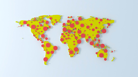 World map virus outbreak. Red dots pandemic 3d illustration