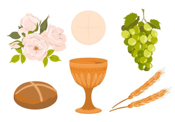 가톨릭 첫 영성체의 요소. 벡터 집합입니다. 와인, 빵, 와인, 포도, 흰 장미를 위한 황금 그릇. 아름다운 초대장 디자인을 위한 요소. - baptism altar jesus christ church stock illustrations