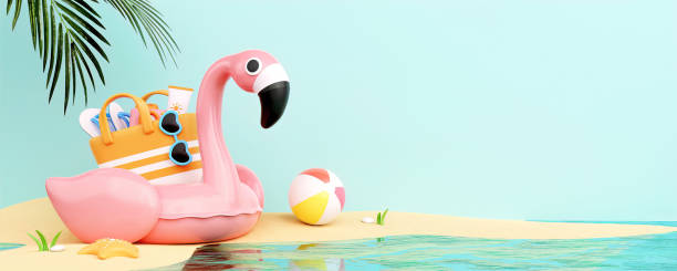 istock Flamingo float with sunglasses on the beach and beach accessories ready for summer vacation. Creative travel concept idea with copy space. 3d rendering illustration 1511357774