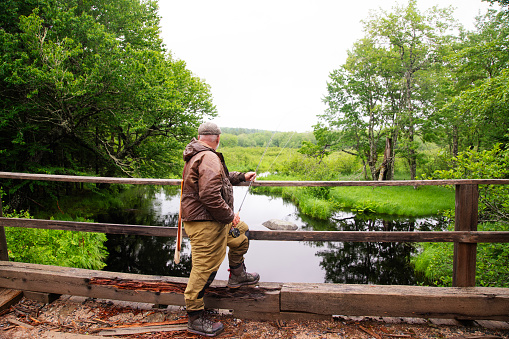 A mature, male fly-fisherman looks out on a small trout stream on a wet summer day