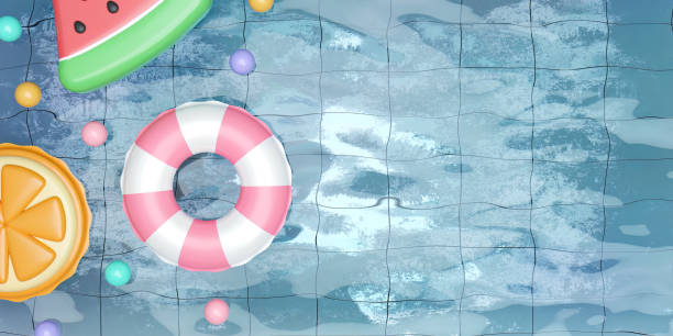 istock Various Inflatable floating in the pool. summer vacation concept. Creative travel concept idea with copy space. illustration banner 3d rendering illustration 1511363229