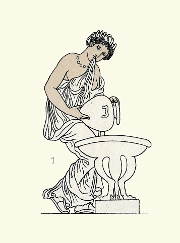 Vintage illustration of Ancient Greek woman filling a bowl with water for washing, Ancient Greece, History. Auguste Racinet, les figures 1 et 2 représentant trois des phases de cette toilette