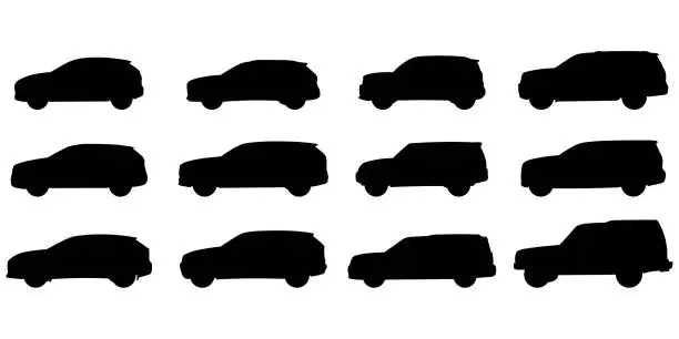Vector illustration of Set with 12 different silhouette types of suv cars in vector, side view. Doodle collection.