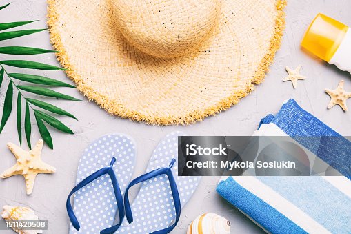 istock Summer vacation concept flat lay. beach accessories and towel top view. Space for text. travel concept 1511420508