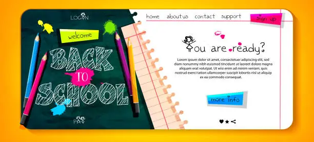 Vector illustration of School education concept in cartoon style. Back to school. Welcome text on chalkboard with colored pencils and space for text. Creative web banner or web template.