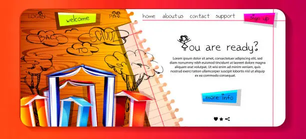 Vector illustration of School education concept in cartoon style. Back to school. Textbooks with freehand drawings and space for text on the background of a wooden school desk. Creative web banner or web template.