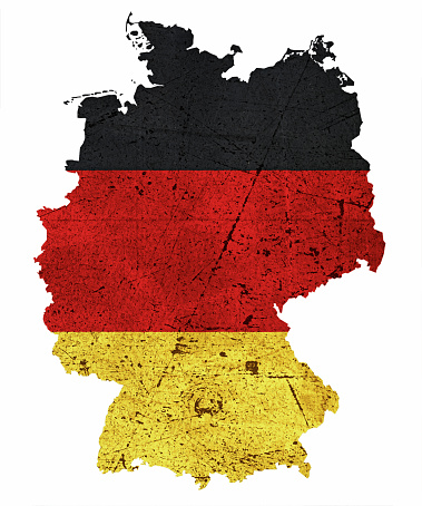 Grungy flag of Germany in the shape of a map of the country. Map outline adapted from public-domain source at https://upload.wikimedia.org/wikipedia/commons/thumb/e/ed/Germany_location_map_German_color_system.svg/1711px-Germany_location_map_German_color_system.svg.png