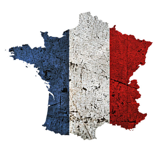 gekratzte, strukturierte karte von frankreich mit der nationalflagge im grunge-stil - falsche malerei wände stock-fotos und bilder