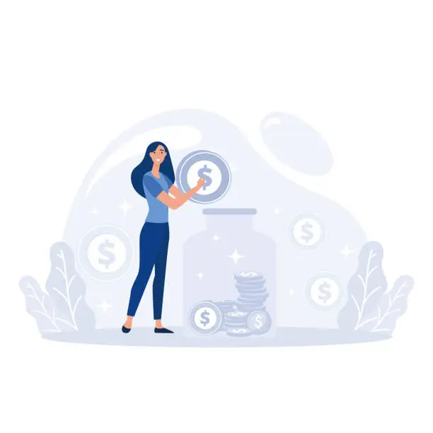 Vector illustration of woman or girl putting money or coins into a piggy bank. Saving or accumulating money concept, flat vector modern illustration