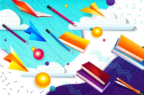 Vector illustration of School education concept in cartoon style. Abstract school background with textbooks, colored pencils and paper airplanes.