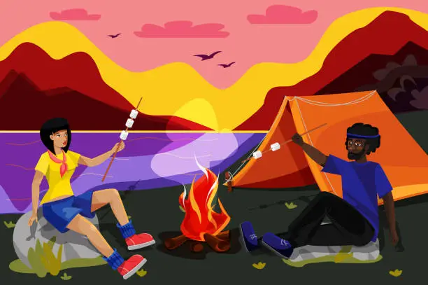 Vector illustration of Camping and hiking concept in flat style. Young couples of a man and a woman around a campfire with a tourist tent against the backdrop of a mountain landscape at sunset.