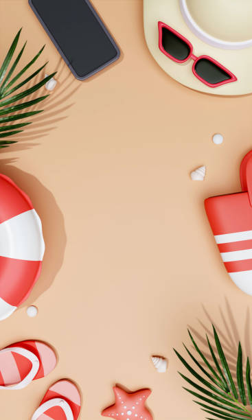 istock Summer vacation. beach accessories ready on the beach for summer vacation. Creative travel concept idea with copy space. illustration banner 3d rendering illustration. 1511443868