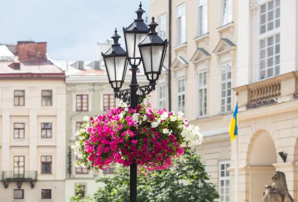 Photo of Closeup of lantern on Market square in Lviv