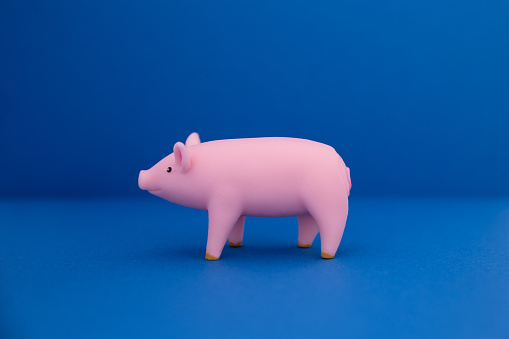 Pink pig made of plastic on blue background