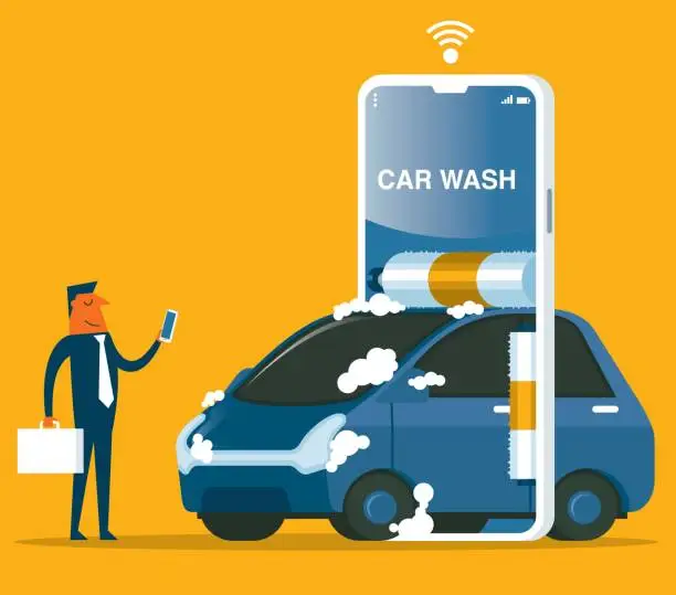 Vector illustration of Car wash service smartphone app - Businessman