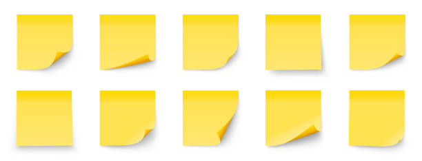 黄色のスティックノートコレクション。白い背景にリアルなスティックノート。黄色い紙のリマインダー。影のストックベクター画像でコレクションをメモして投稿します。 - 付箋紙点のイラスト素材／クリップアート素材／マンガ素材／アイコン素材