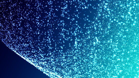 Abstract digital flow particles. Cyber network connection background. Big data visualization. Technology backdrop. 3d rendering.