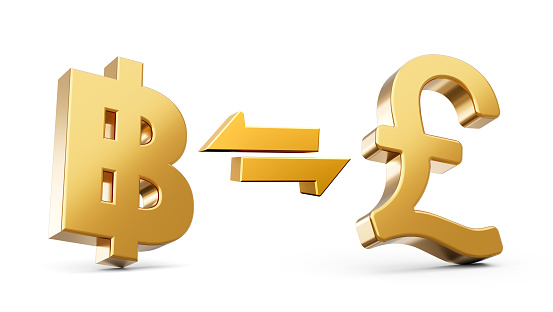 3d Golden Baht And Pound Symbol Icons With Money Exchange Arrows On White Background 3d illustration