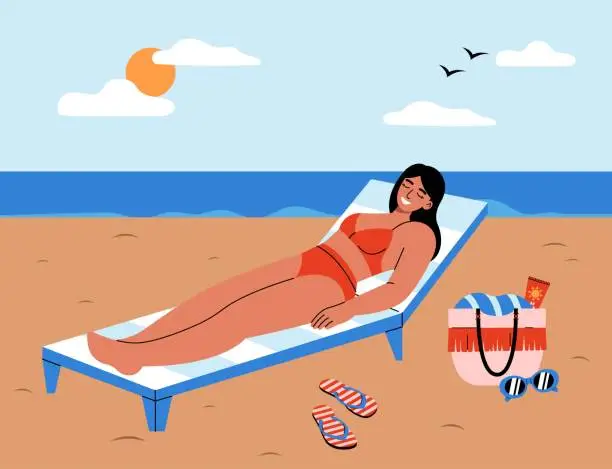 Vector illustration of Young woman relaxing on chaise longue on summer beach and sunbathing. Seaside vacation concept. Flat vector illustration.