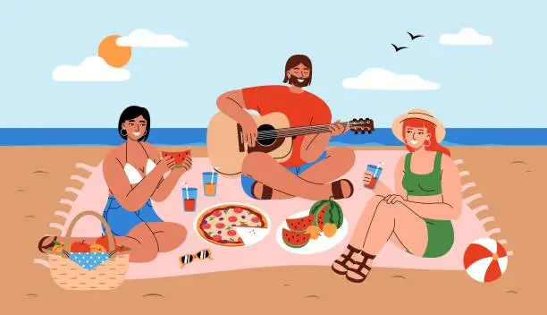 Vector illustration of Happy friends spending time together at picnic on seashore. Young man playing guitar and women eating and drinking on sandy beach. Flat vector illustration.