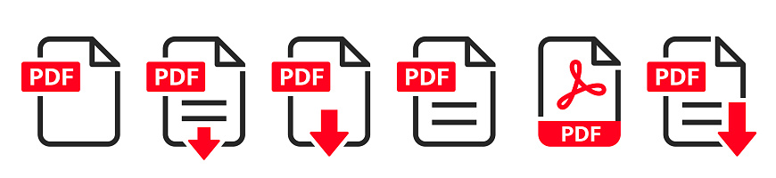 PDF file format icons set. PDF file download symbols. Format for texts, images, vector images, videos, interactive forms - stock vector.