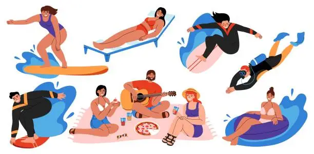 Vector illustration of Summer outdoor activities set. People surfing, relaxing on chaise longue, making picnic, swimming and snorkeling. Scenes of happy men and women at leisure time. Flat vector illustrations.