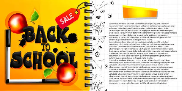 Vector illustration of School education concept in cartoon style. Volumetric greeting text with apples and felt-tip pens on the background of a notebook with space for text and freehand drawings.