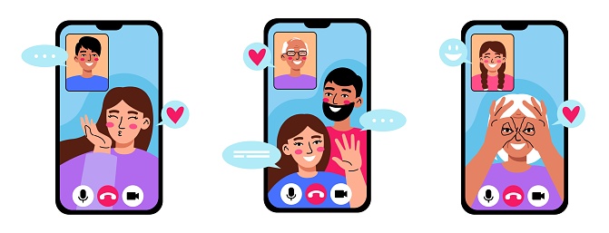 Video communication conference with family on the Internet. People make a video call via mobile phone. Flat vector illustration.