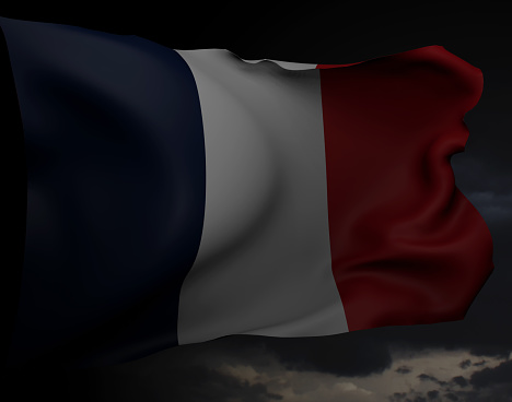 Waving French flag over dramatic sky. 3d rendering illustration.