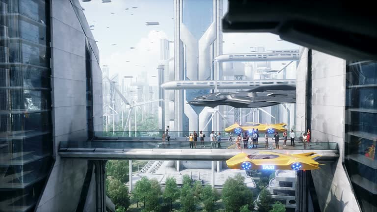 Futuristic city. 3d people and robots. Future concept. Realistic 4k animation.