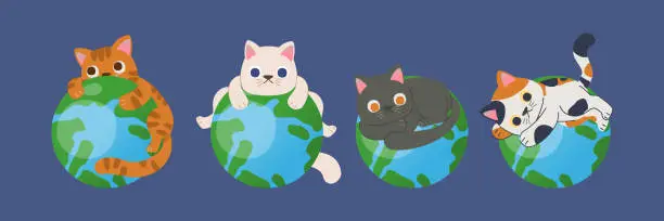 Vector illustration of Adorable Cat Companions: Playful Diversity of Four Breeds in Funny Poses On Earth, Vector, Illustration