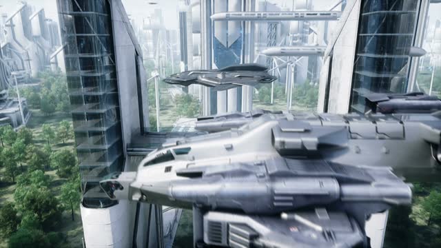 Futuristic city. 3d people and robots. Future concept. Realistic 4k animation.