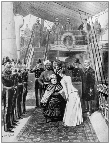 Antique image from British magazine: Princess of Wales receiving Queen Victoria, at Cowes
