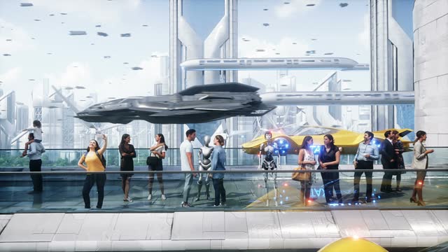 Futuristic city. 3d people and robots. Future concept. Realistic 4k animation.