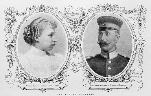 Antique image from British magazine: Princess Dorothea of Saxe-Coburg-Gotha, Duke Ernst Gunther of Schleswig-Holstein