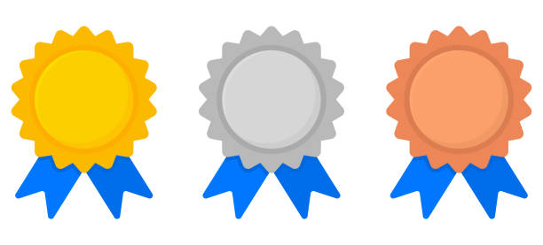 istock Golden, silver and bronze medals with blue ribbons set. 1511641705