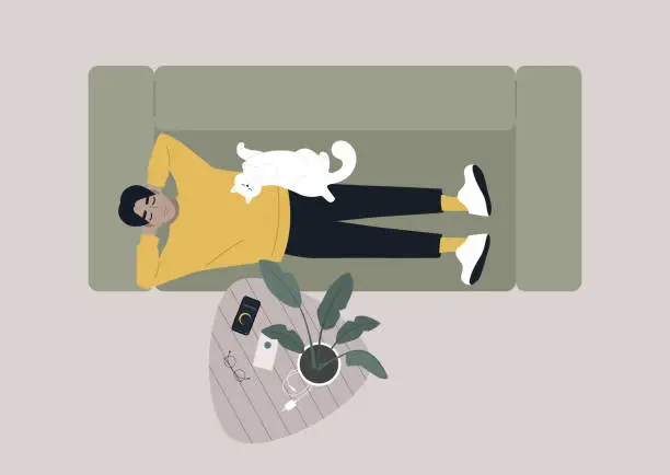 Vector illustration of Day napping, A top view of a young relaxed character lying down on the sofa in the living room