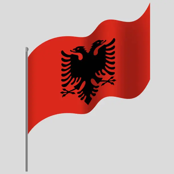 Vector illustration of Waved Albania flag. Albania flag on flagpole. Vector emblem of Albania