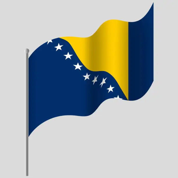 Vector illustration of Waved Bosnia and Herzegovina flag. Bosnia Herzegovina flag on flagpole. Vector emblem of Bosnia and Herzegovina