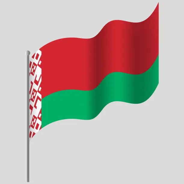 Vector illustration of Waved Belarus flag. Belarus flag on flagpole. Vector emblem of Belarus