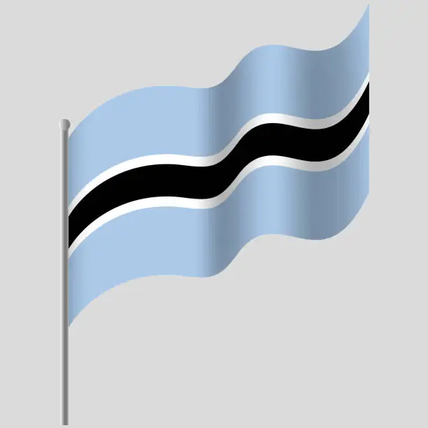 Vector illustration of Waved Botswana flag. Botswana flag on flagpole. Vector emblem of Botswana