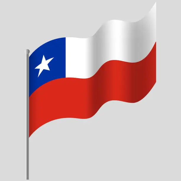 Vector illustration of Waved Chile flag. Chilean flag on flagpole. Vector emblem of Chile