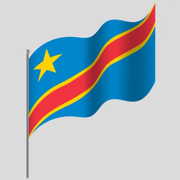 Vector illustration of Waved Republic of the Congo flag. Congo flag on flagpole. Vector emblem of Democratic Republic of the Congo