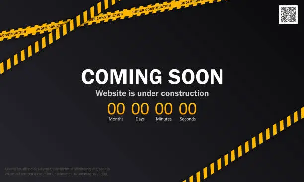 Vector illustration of Black vector banner with warning line, qr code, countdown timer and white text - Coming soon, website is under construction